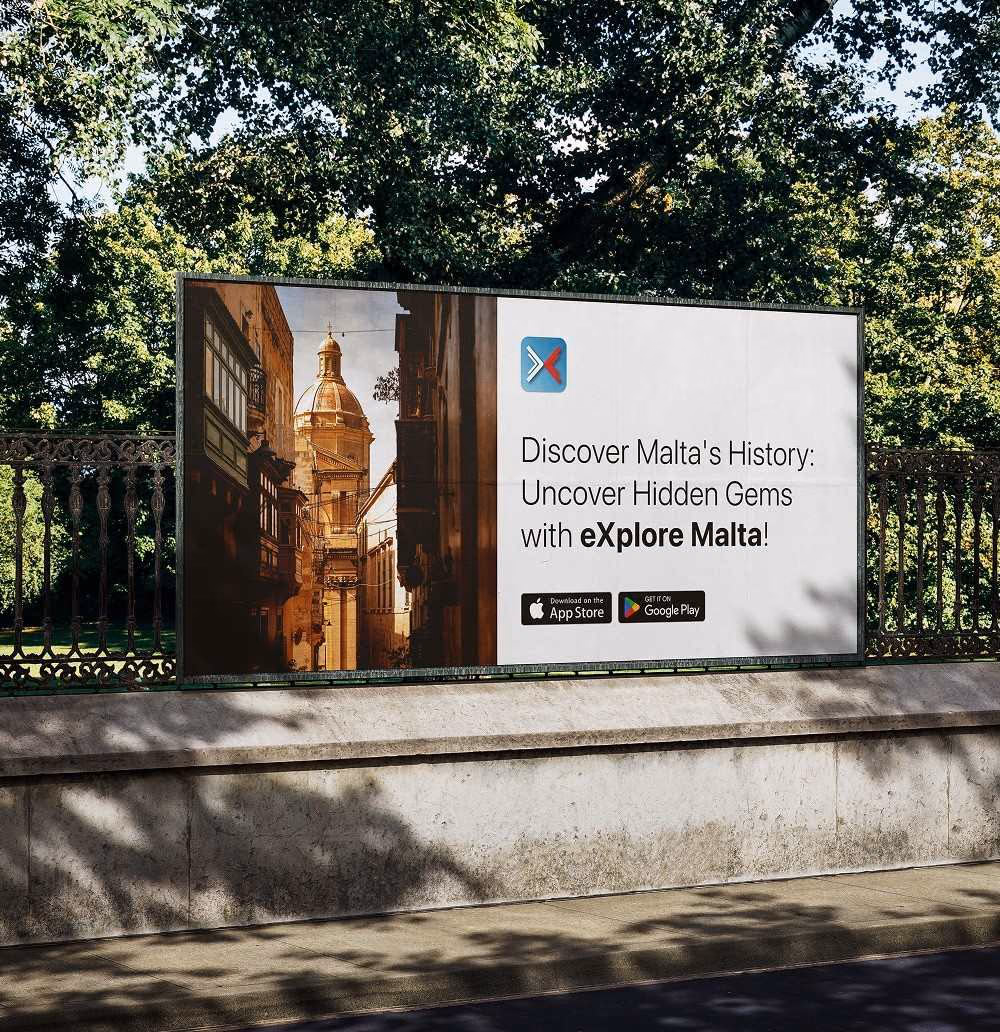 eXplore Malta app advertised on an outdoor billboard