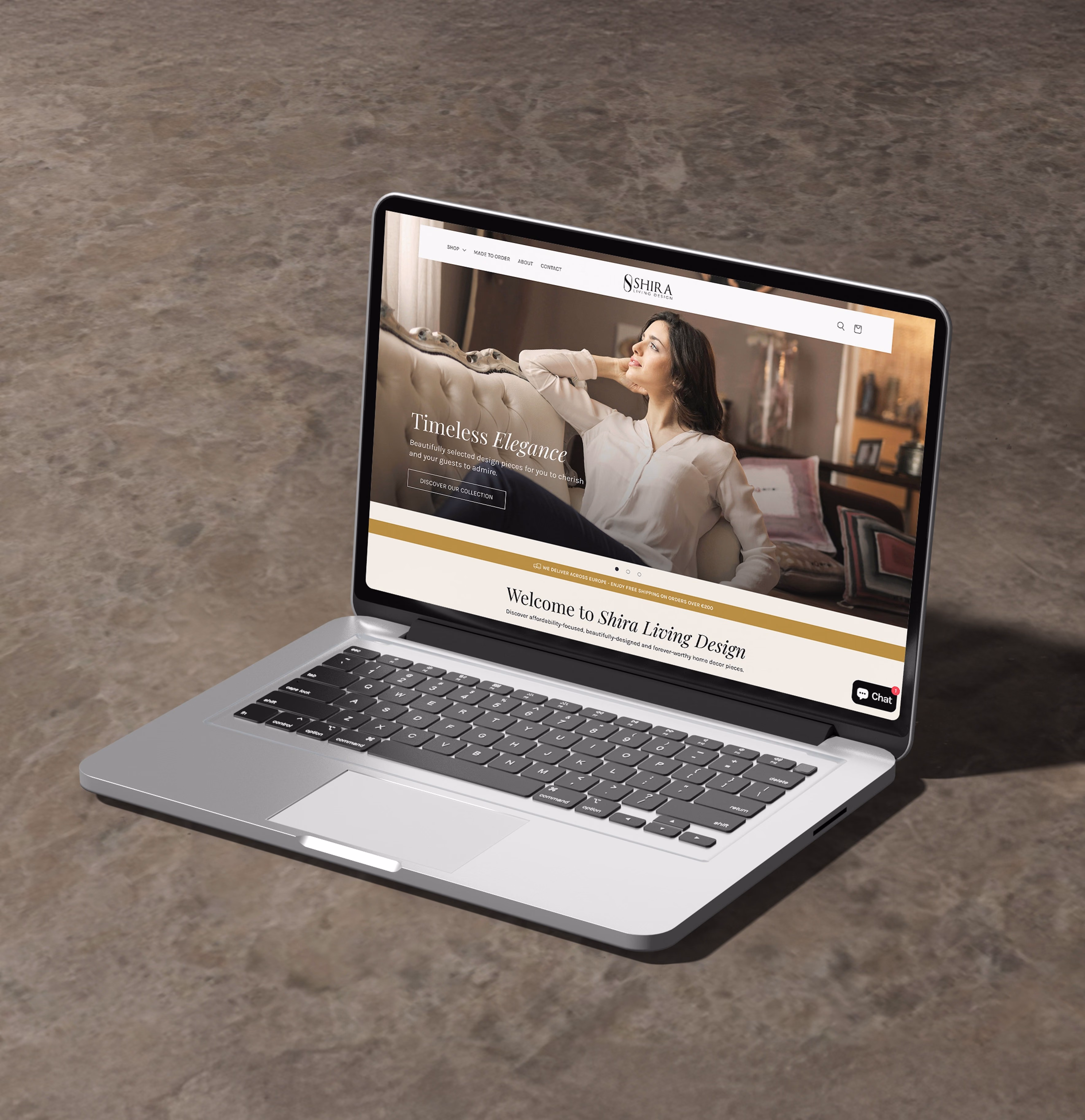 Shira Living Design eCommerce homepage displayed on a laptop